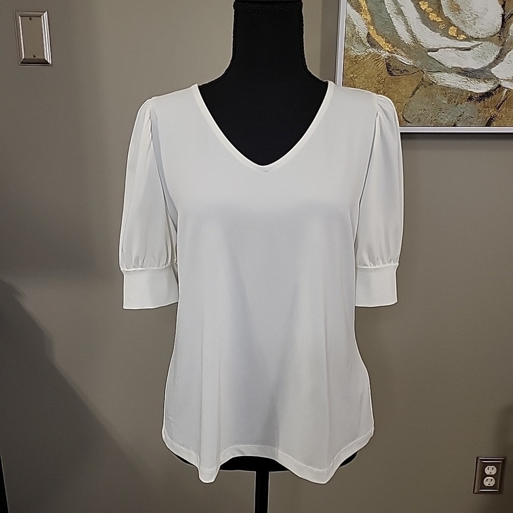 RYEGRASS Womens Top Size L White Gathered Gigot Sleeves Button Detail V Neckline